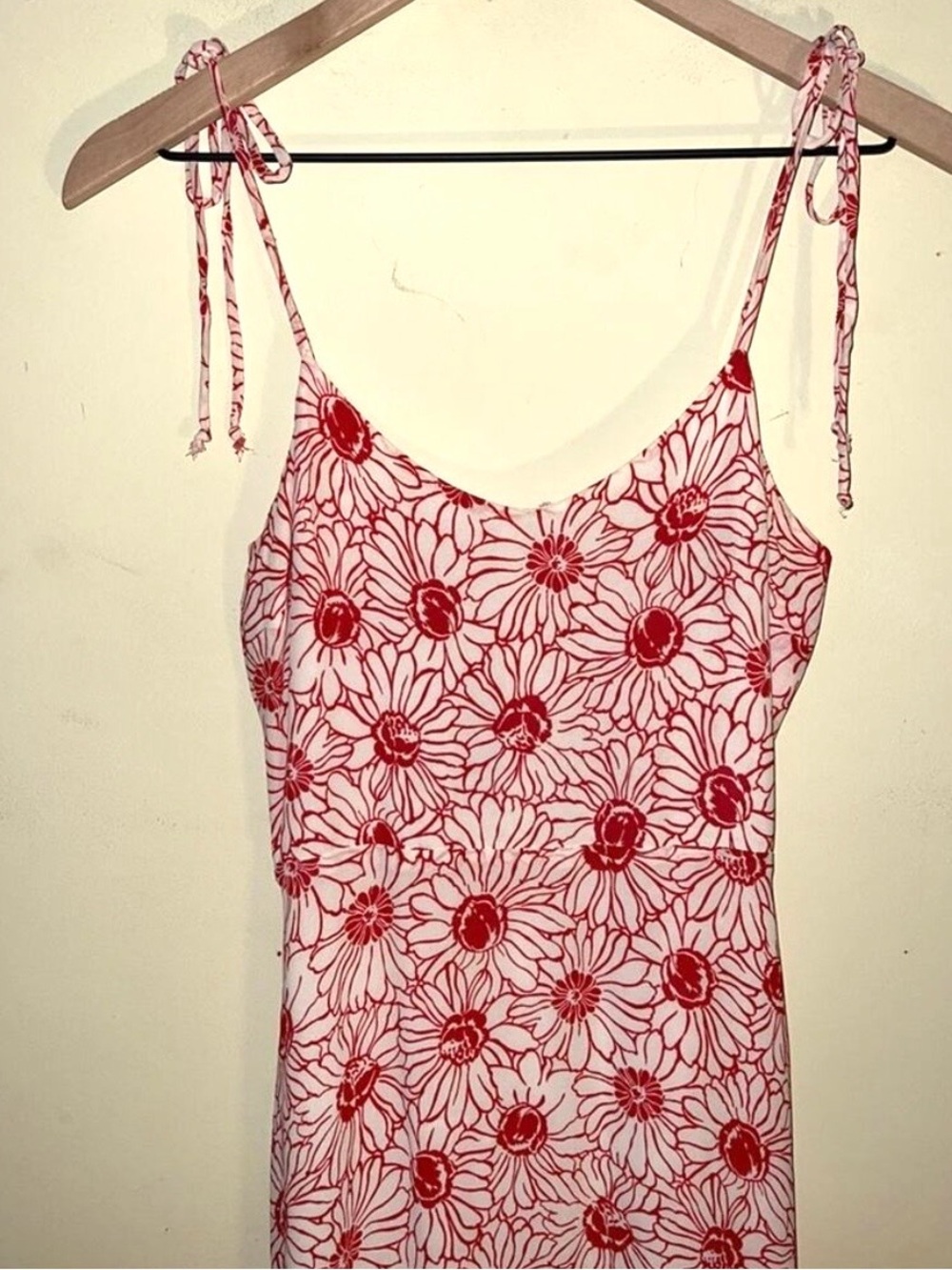 Reformation red and cream daisy floral tie shoulder midi dress size 2 - Picture 2 of 3